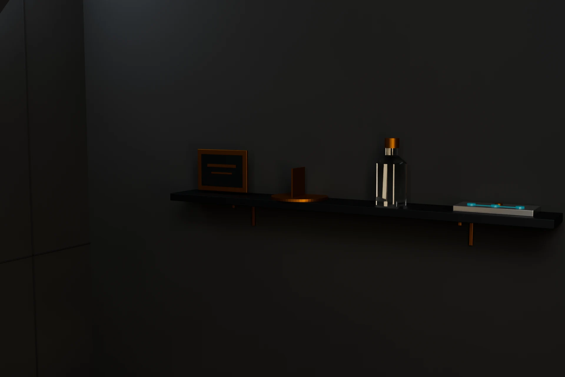 A shelf on the workshop wall with four machined objects: a small plate, a glass bottle, a sundial gnomon and a brass sign.