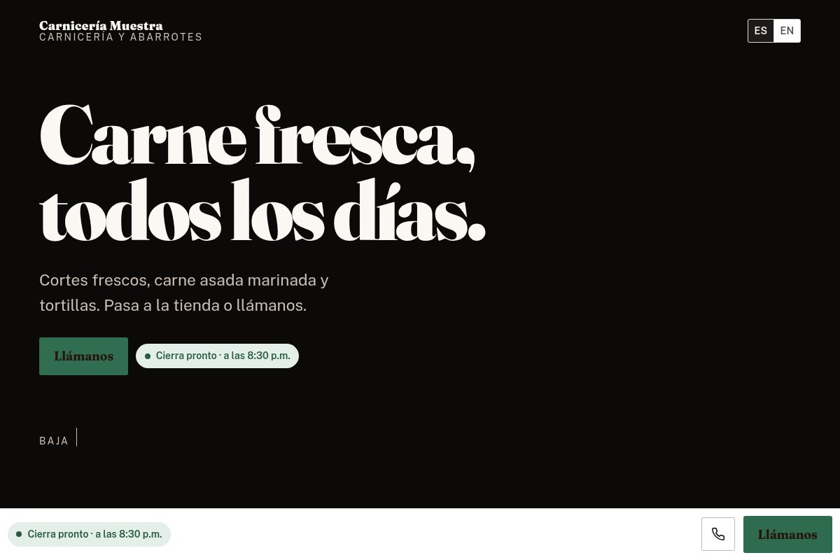 A sample shop site rendered from the carnicería template: the headline Carne fresca, todos los días, a call button and an open-now badge.