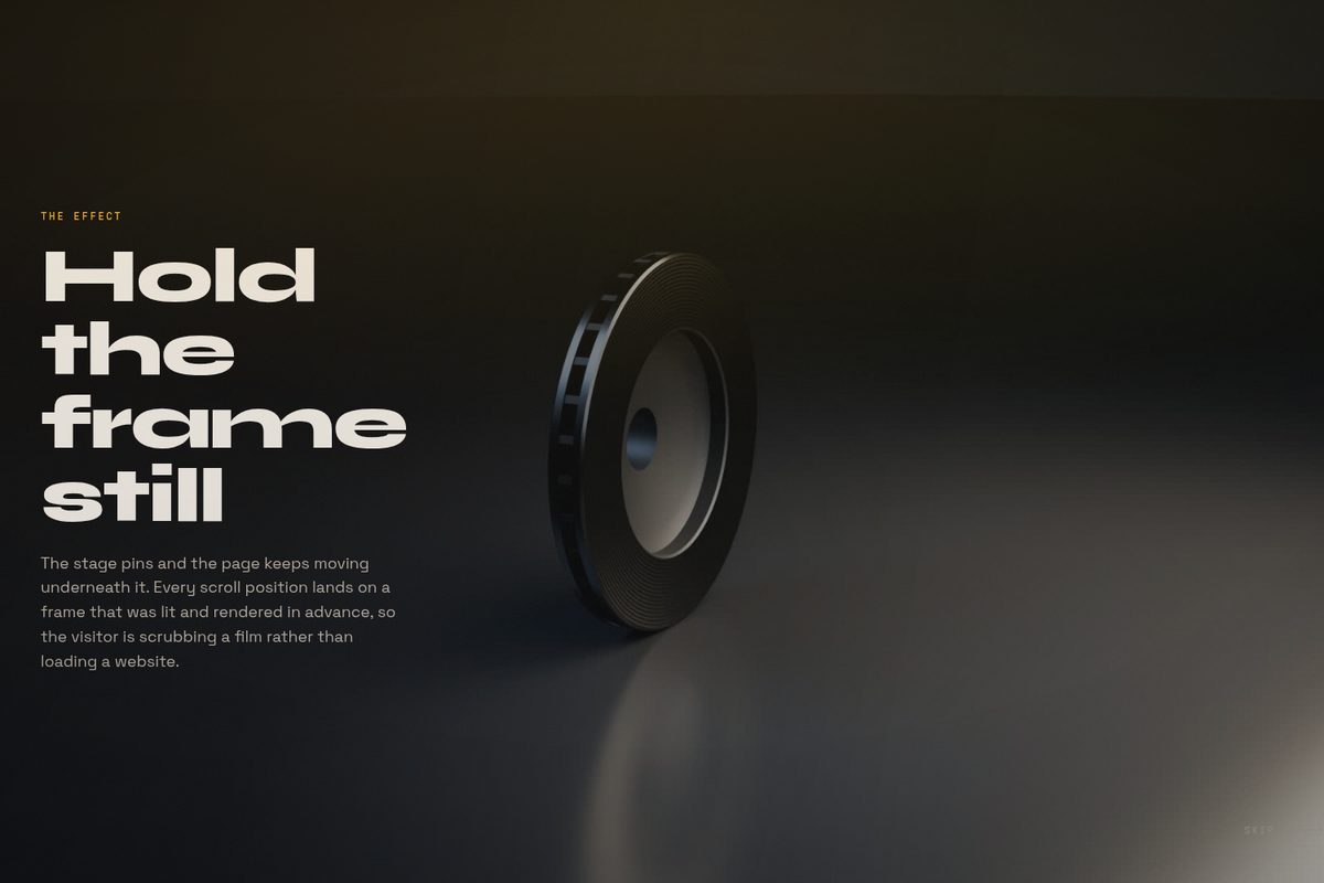 The frame-scrub hero: a machined black disc on a dark ground beside the headline Hold the frame still.