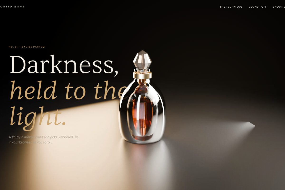 The Obsidienne hero: a silver and amber perfume flacon lit on a dark bench, with the headline Darkness, held to the light.