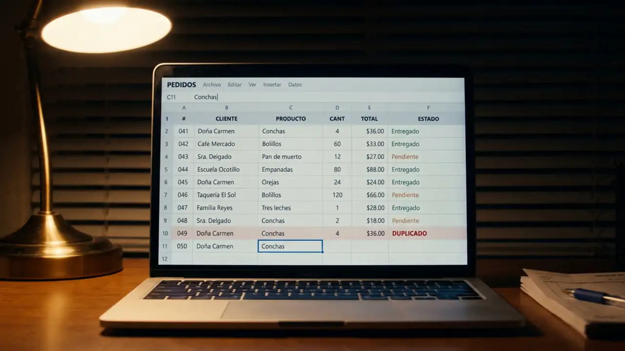 Illustration: a spreadsheet of bakery orders on a laptop under a desk lamp at night, one row flagged as a duplicate.