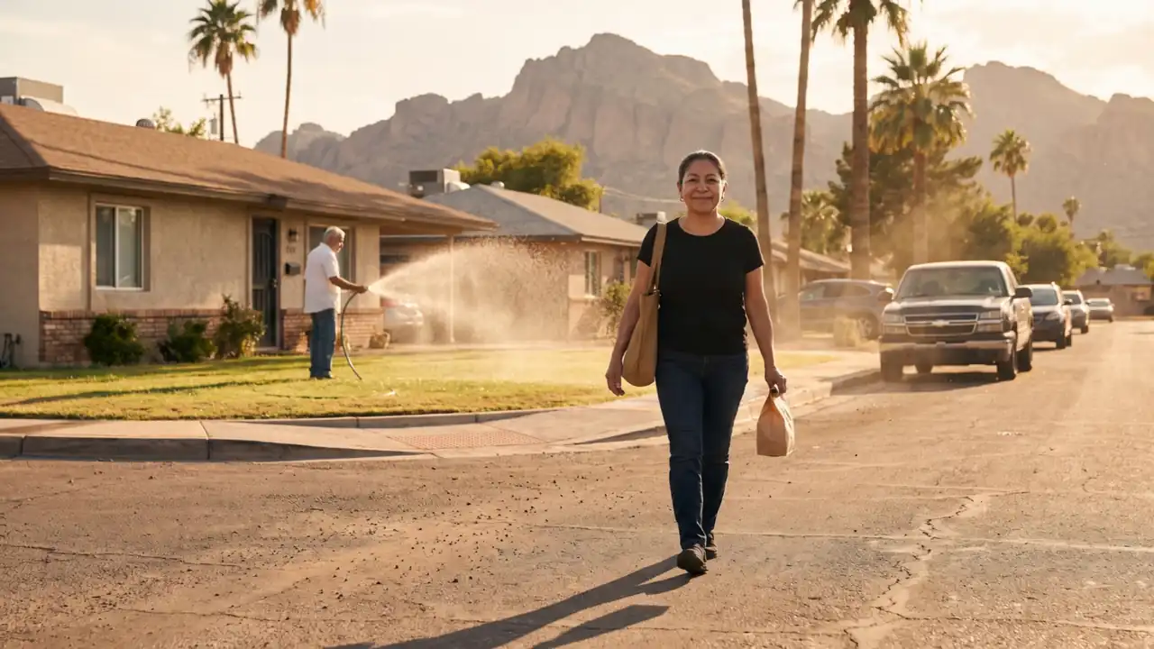 Illustration: the bakery owner walking home down a Phoenix street at golden hour, a paper bag in one hand.