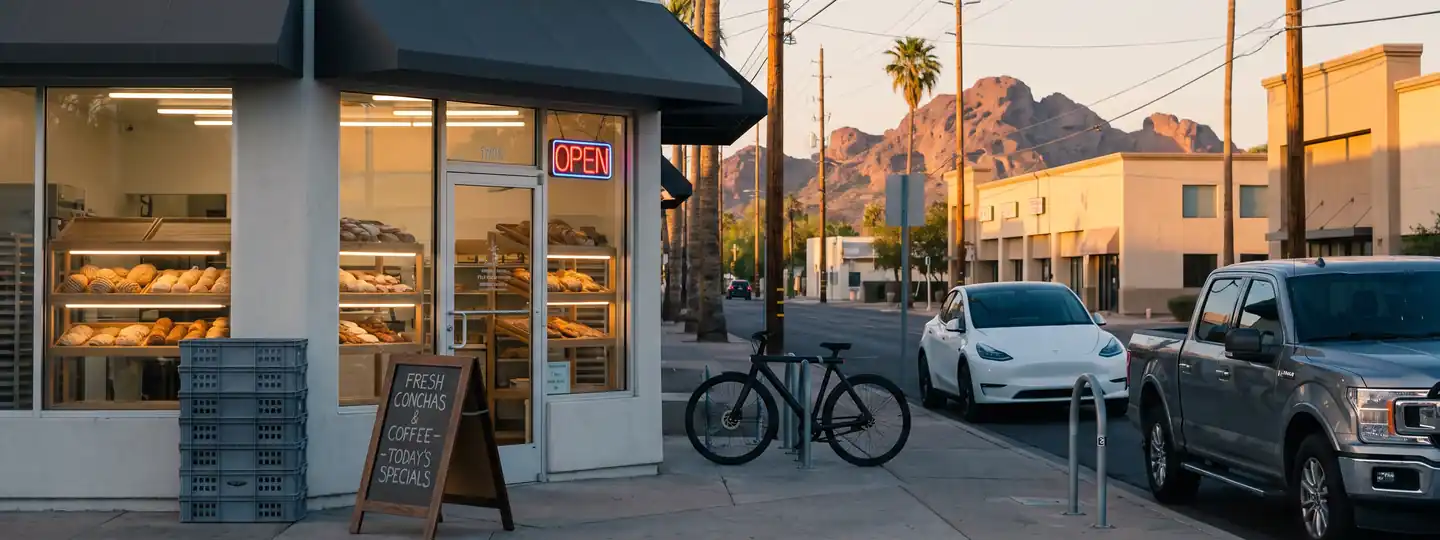 Illustration: a small panaderia on a Phoenix street at golden hour, a desert mountain behind the palms.